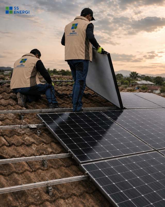 Dua teknisi SS Energi memasang panel surya di atap genteng